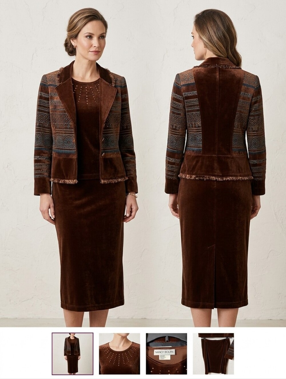 Nancy Bolen City girl Brown 3 Pc. Studded Jacket Blouse & Skirt Size Medium